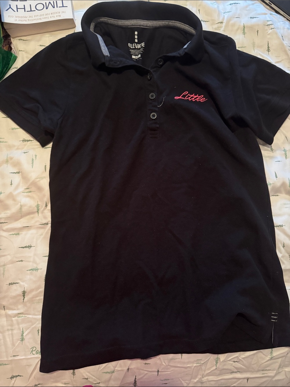 Black Polo Shirt with Pink 'Little' Embroidery